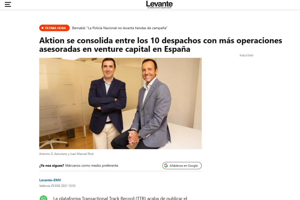 Aktion se consolida entre los 10 despachos con más operaciones asesoradas en venture capital en España