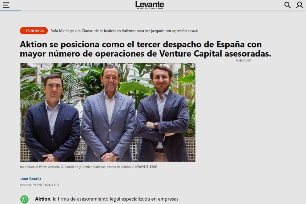 Aktion se posiciona como el tercer despacho de España con mayor número de operaciones de Venture Capital asesoradas. 